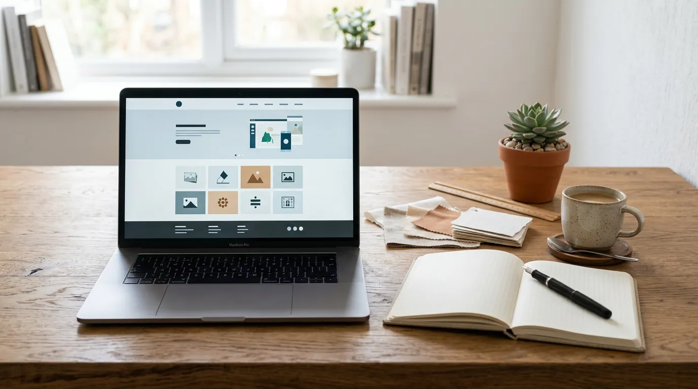 Modern minimalist workspace with laptop showing a clean website design, notebook and pen on desk, natural lighting from window, professional but creative atmosphere
