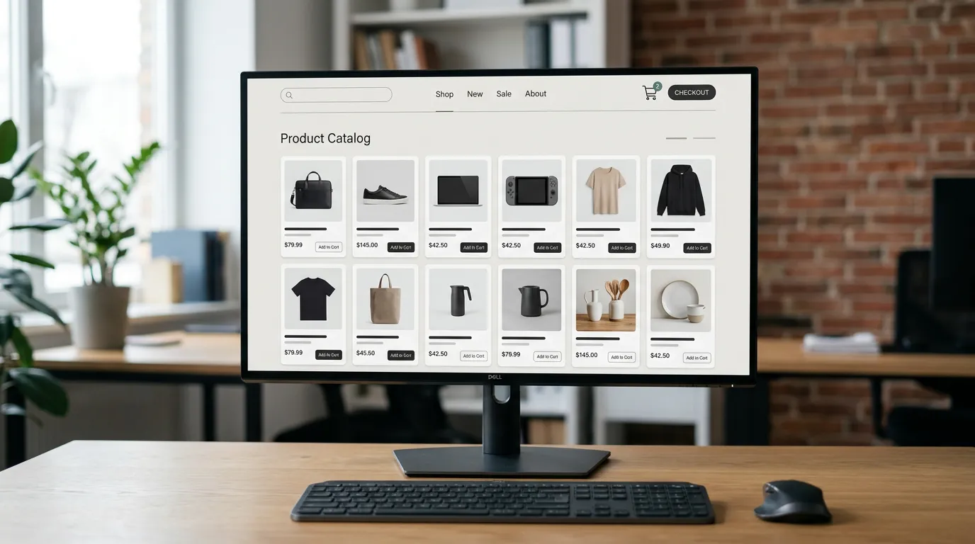 Ecommerce website on desktop screen showing product catalog, shopping cart interface, and checkout flow, minimalist design, clean layout, photorealistic, professional, no people, no text overlays